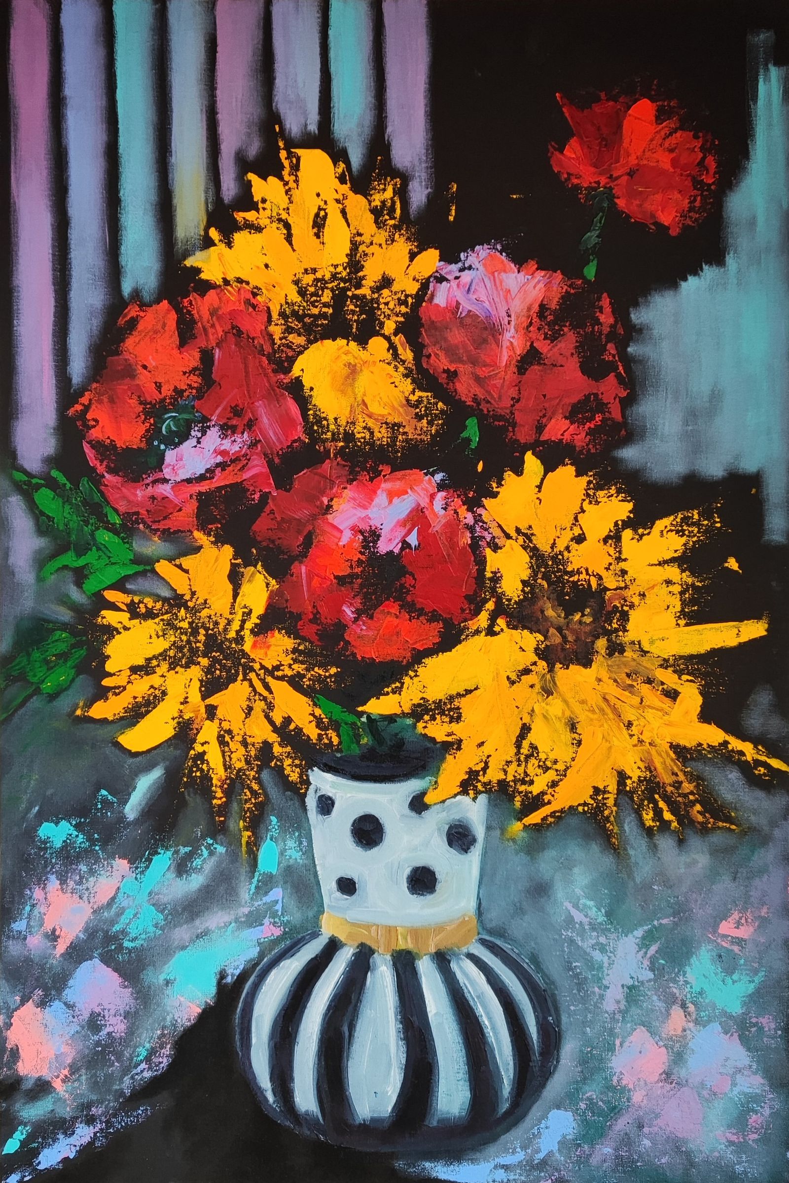 Maria Melkova, Autumn Memories Study: still life with poppies and sunflowers, in a black and white vase with stripes and circles on a purple, pink, sky-blue background