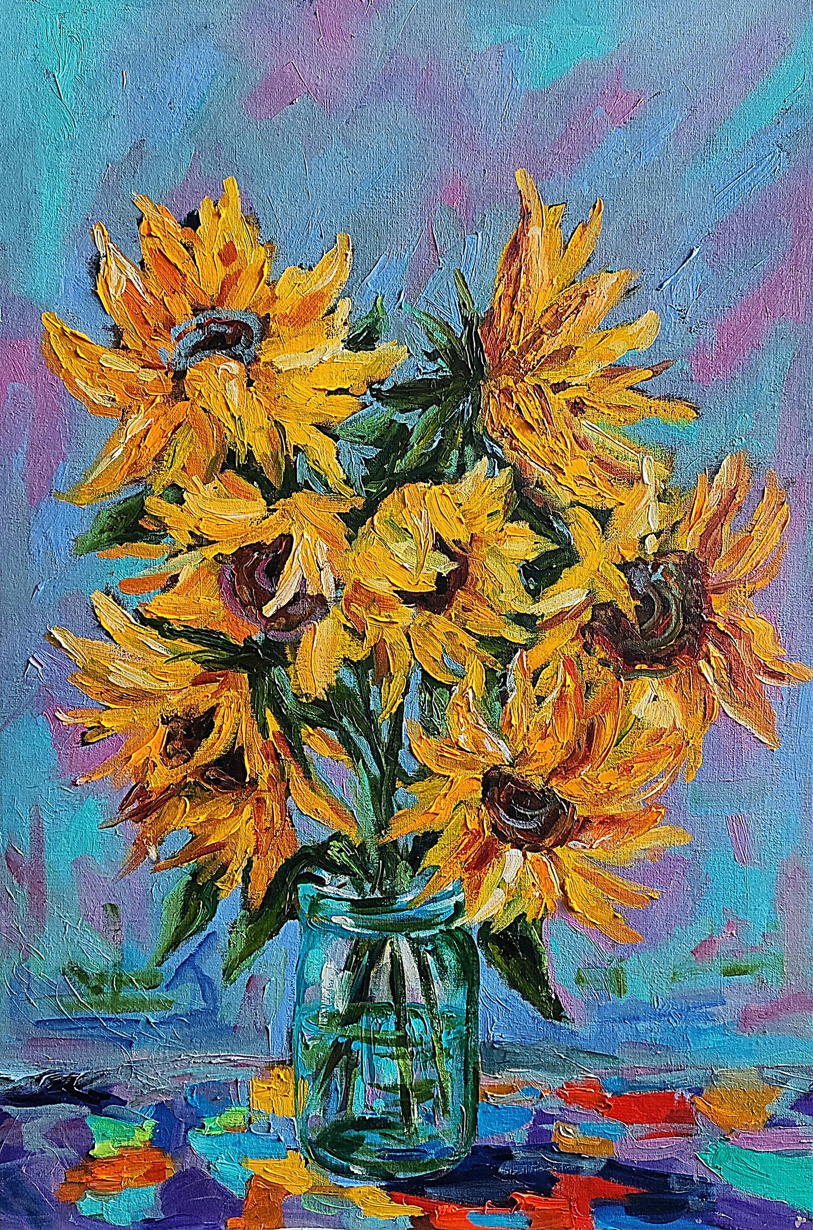 Maria Melkova, Sunny bouquet: still life with bright yellow sunflowers in the style of Van Gogh, in a glass vase on a pink, sky-blue, lilac background on a bright tablecloth with spots of paint