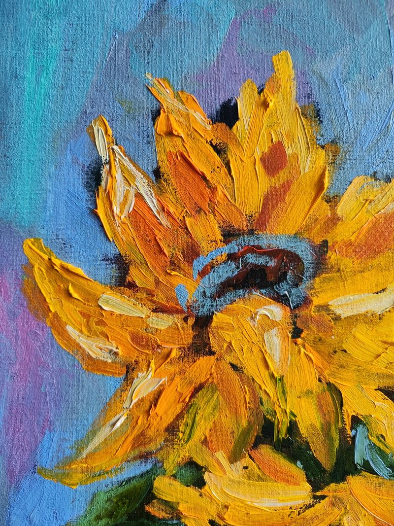 Maria Melkova, Sunny bouquet: still life with bright yellow sunflowers in the style of Van Gogh, in a glass vase on a pink, sky-blue, lilac background on a bright tablecloth with spots of paint