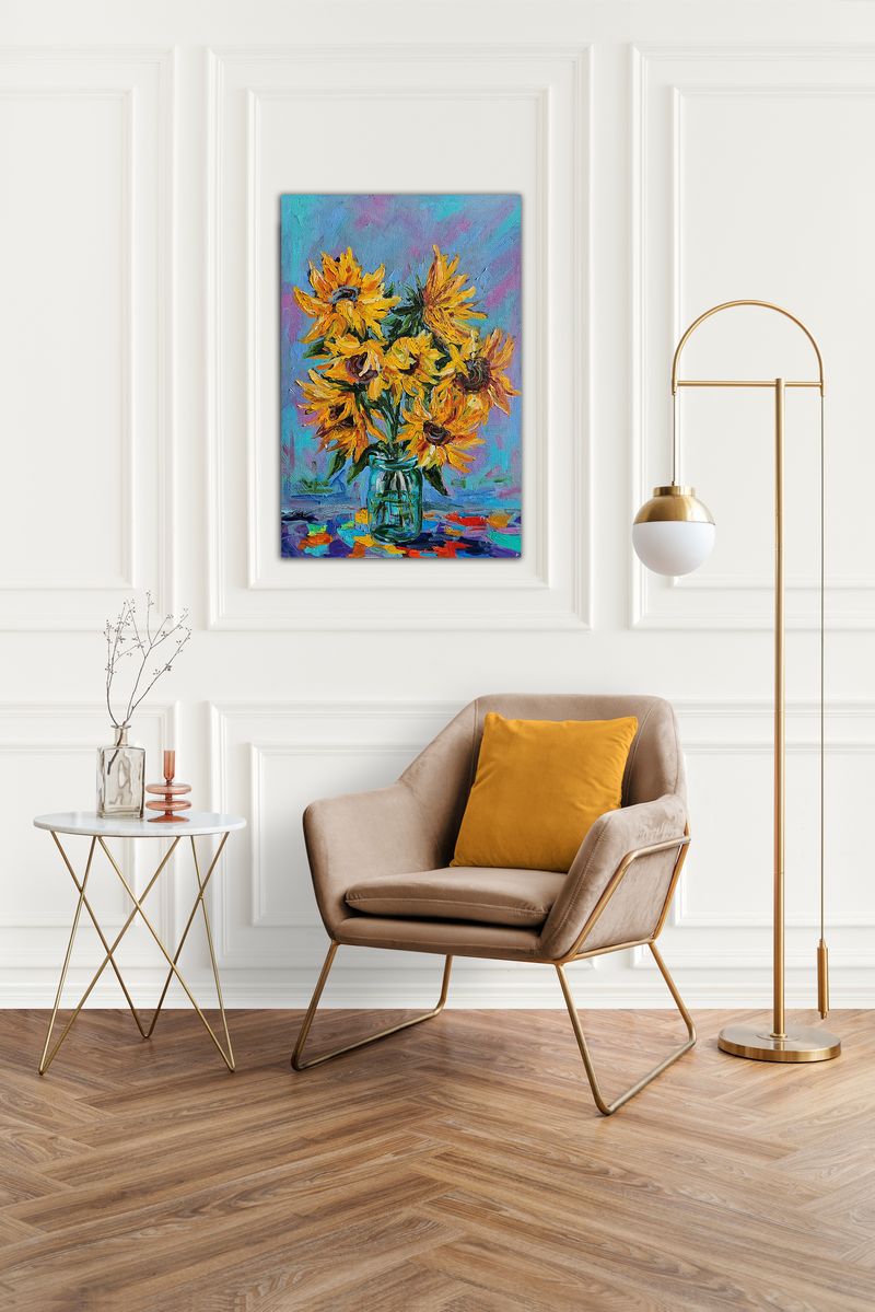 Maria Melkova, Sunny bouquet: still life with bright yellow sunflowers in the style of Van Gogh, in a glass vase on a pink, sky-blue, lilac background on a bright tablecloth with spots of paint