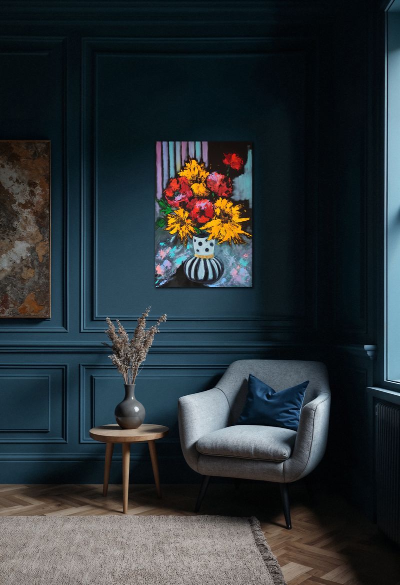 Maria Melkova, Autumn Memories Study: still life with poppies and sunflowers, in a black and white vase with stripes and circles on a purple, pink, sky-blue background